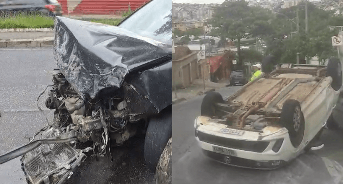 Carros destruídos após batida no Barreiro, em BH 