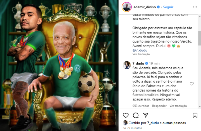 Ademir da Guia rasgou elogios a Dudu, que rescindiu com o Palmeiras nesta quinta-feira (12)