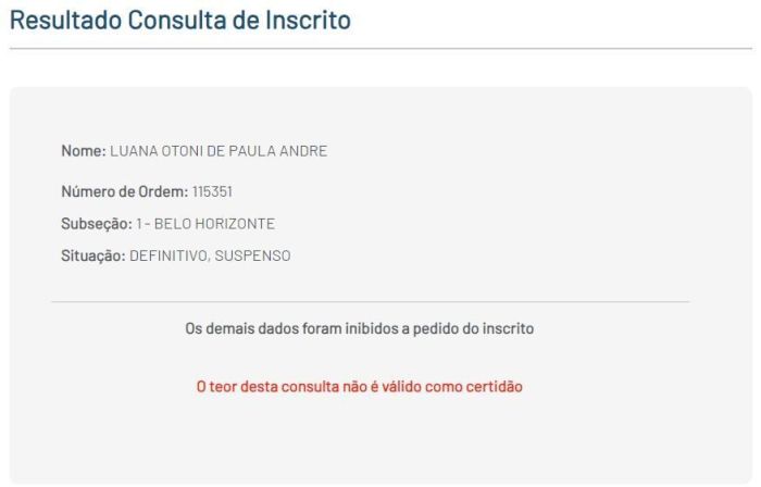 Advogada Luana Otoni de Paula André teve o registro profissional suspenso pela OAB-MG