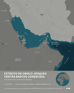 Mapa do Golfo e do Estreito de Ormuz com as localizações dos ataques contra navios comerciais
