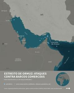 Mapa do Golfo e do Estreito de Ormuz com as localizações dos ataques contra navios comerciais