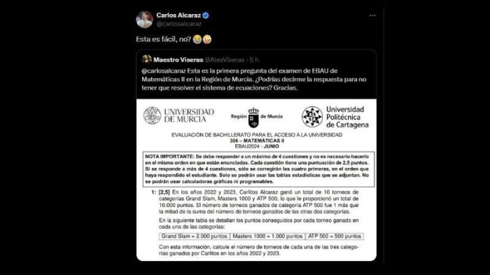 Carlos Alcaraz reagiu a citação em prova de vestibular na Espanha