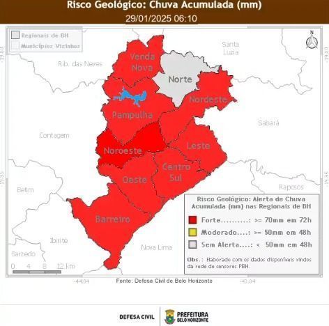 Oito das nove regionais de Belo Horizonte estão sob alerta de risco geológico. 