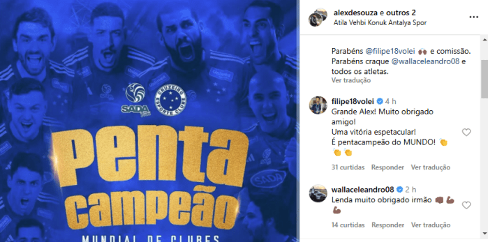 Ídolo do Cruzeiro, Alex parabenizou o Sada Cruzeiro pelo quinto título mundial