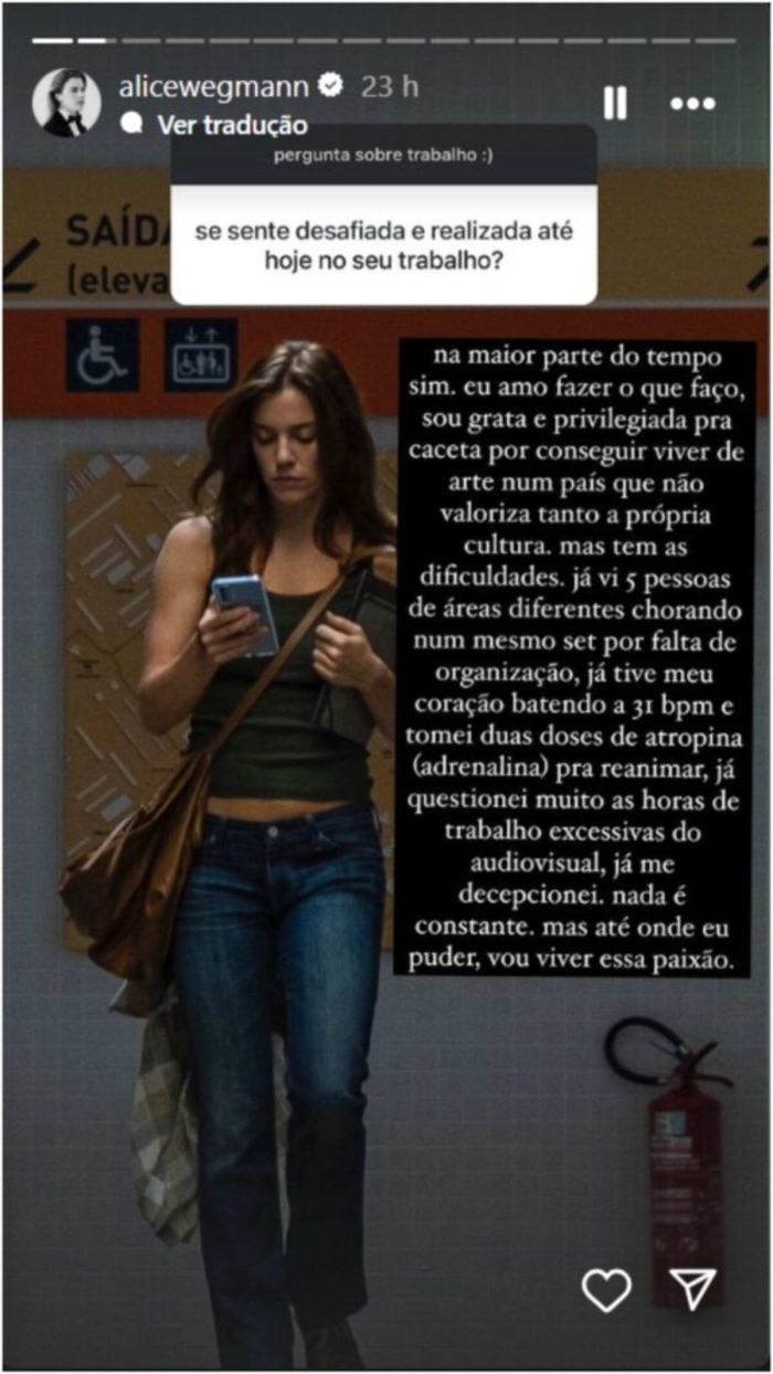Alice Wegmann desabafa sobre experiência de quase morte no trabalho.