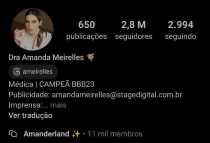 Veja o número de seguidores de Amanda Meirelles 