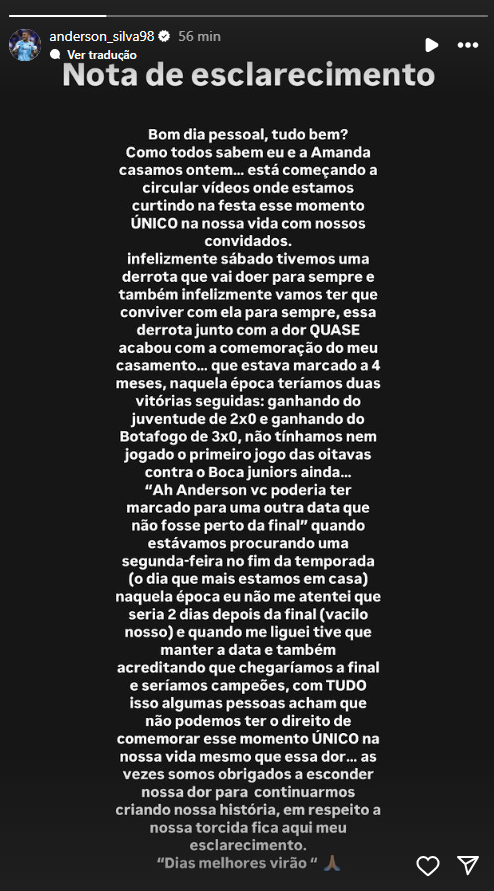 Anderson, goleiro do Cruzeiro, explicou vídeos de seu casamento