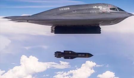 Representação de avião soltando bomba antibunker dos EUA