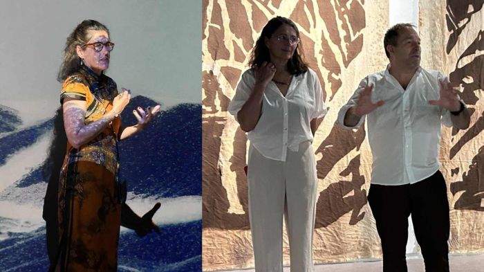 A artista Márcia Xavier e os artistas italianos Mariagrazia Abbaldo e Paolo Albertelli 