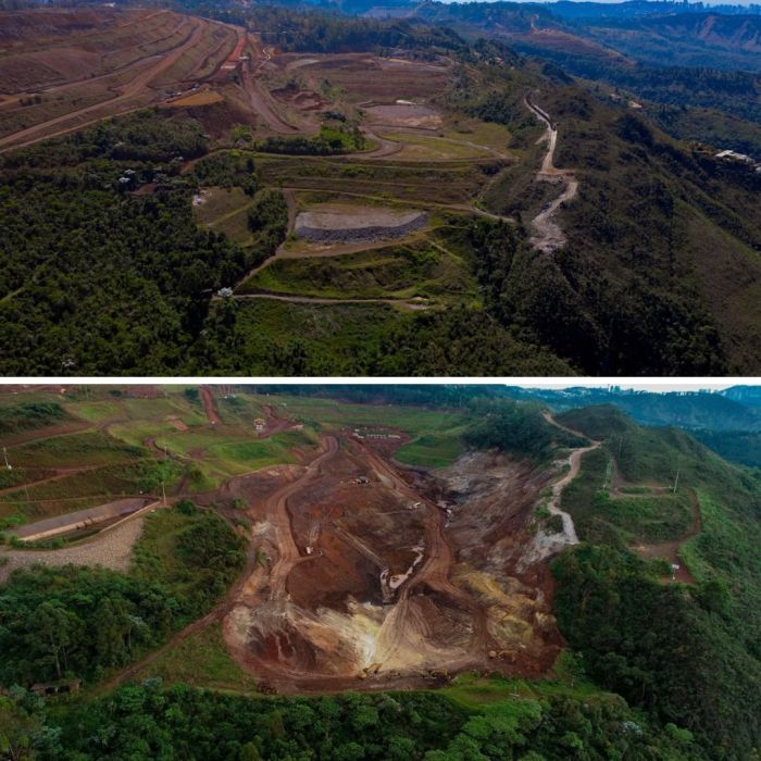 A primeira foto foi tirada em 2019; a segunda é de 2024 e mostra como a barragem está após ser descaracterizada