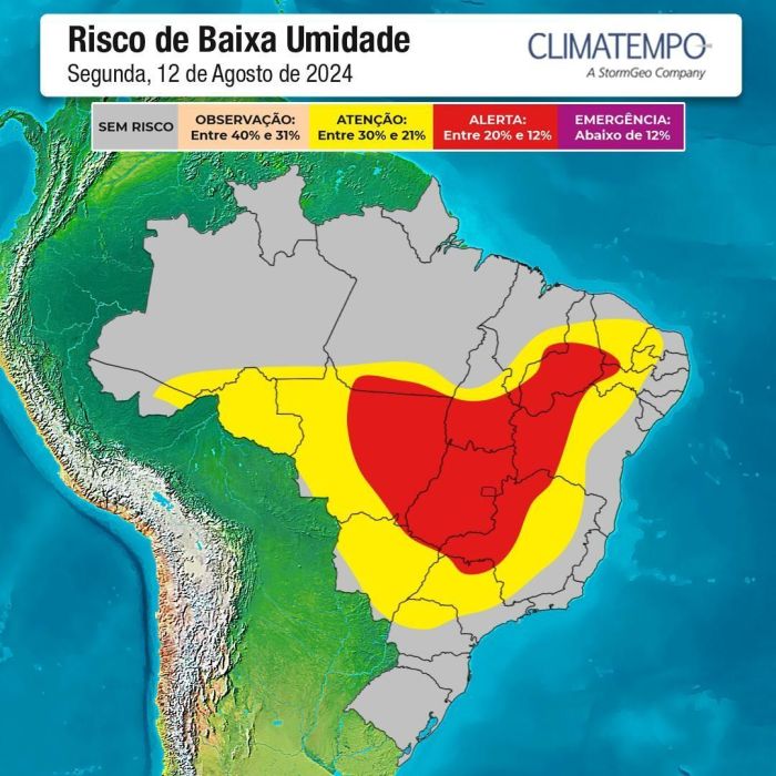 Risco de baixa umidade para diversas áreas do Brasil. Risco de baixa umidade para diversas áreas do Brasil.