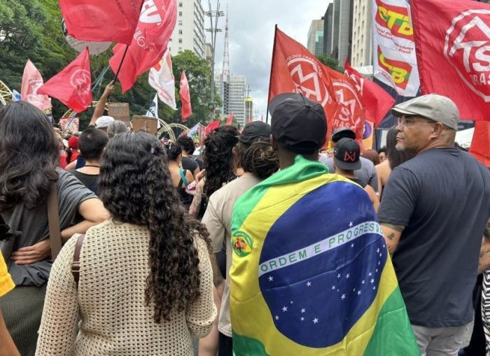 Vários manifestantes levaram bandeiras do Brasil para ato na Avenida Paulista