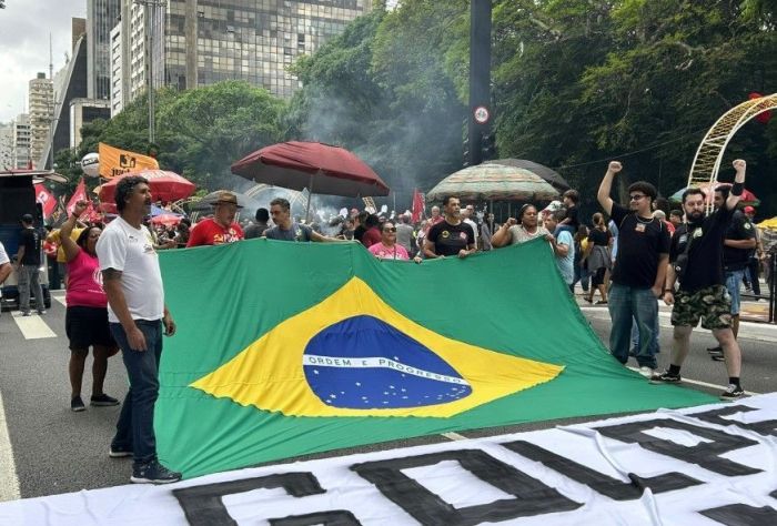 Bandeira do Brasil foi destacada em ato na Avenida Paulista, em SP, neste domingo (14)