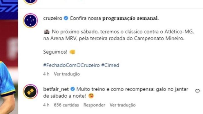 Betfair fez a provocação em um comentário de uma publicação do Cruzeiro no Instagram