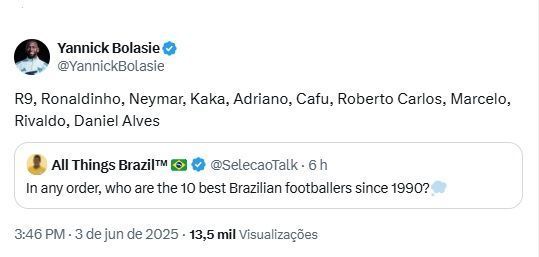 Bolasie elege os dez melhores brasileiros desde 1990