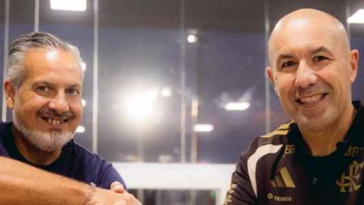 José Boto e Leonardo Jardim após anúncio do português como técnico do Flamengo em 2026