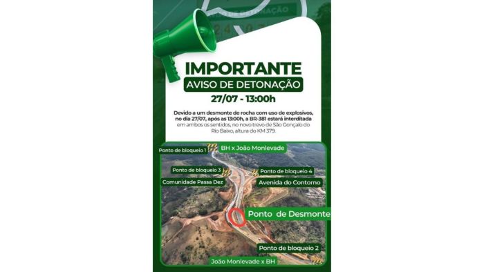 De acordo com a Vale Verde, a detonação está agendada para ocorrer a partir das 13h.