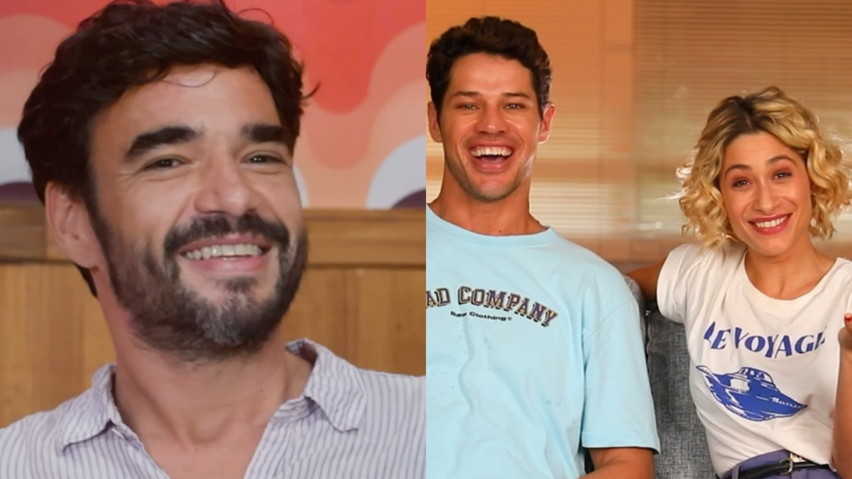 No ar em em 'No Rancho Fundo', José Loreto beija namorada de Caio Blat em festa com o elenco