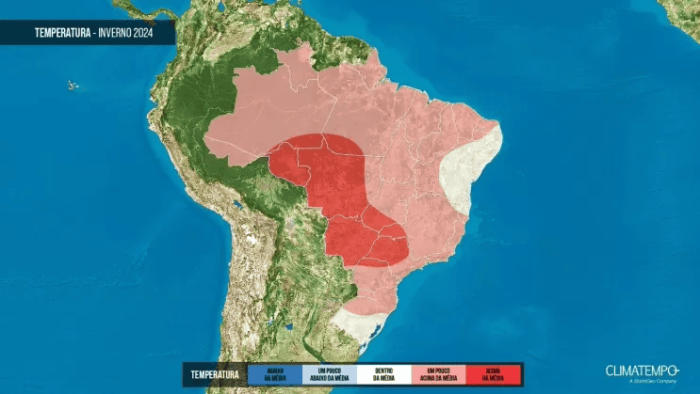 Áreas mais em vermelho, entre Rondônia e o centro-oeste de São Paulo, indica onde as temperaturas ficarão mais altas neste inverno.