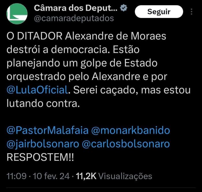 Post feito por hacker na conta da Câmara dos Deputados