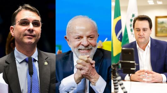 Flávio Bolsonaro (PL), Lula (PT) e Ratinho Júnior (PSD).