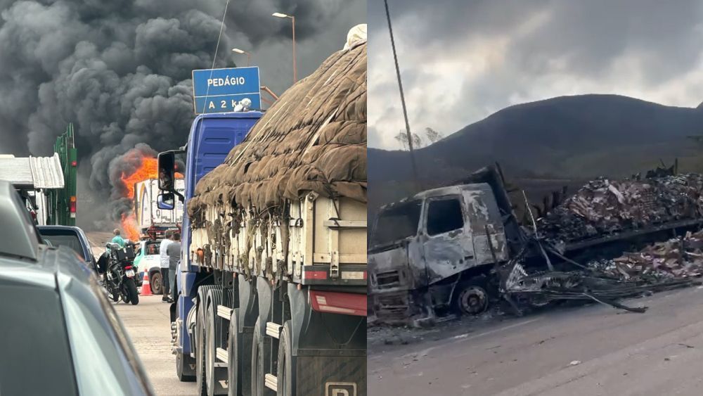 Vídeo mostra carreta destruída após pegar fogo no Trevo de Moeda, na BR-040