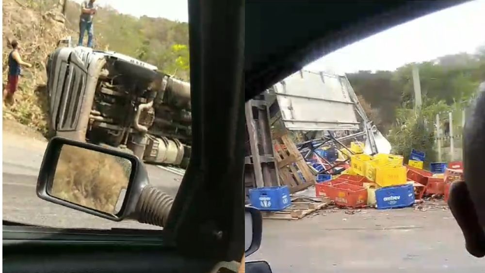 Caminhão de bebidas tomba e complica o trânsito na BR-381 em Sabará