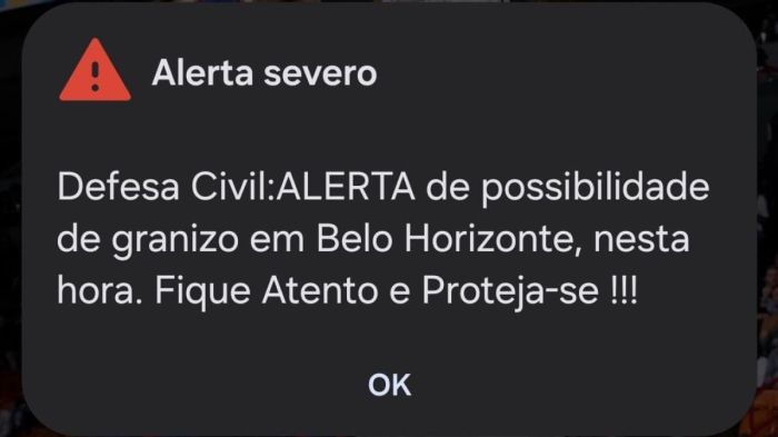 Defesa Civil de BH emite alerta severo de granizo nesta terça (30); veja recomendações