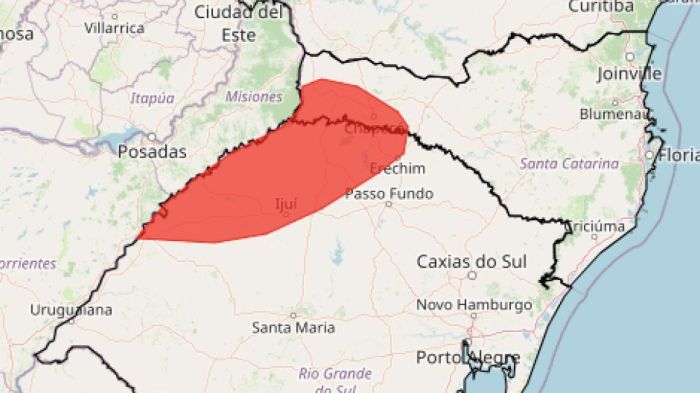 Inmet emite alerta vermelho de tempestade, granizo e alagamentos para 202 cidades do Sul