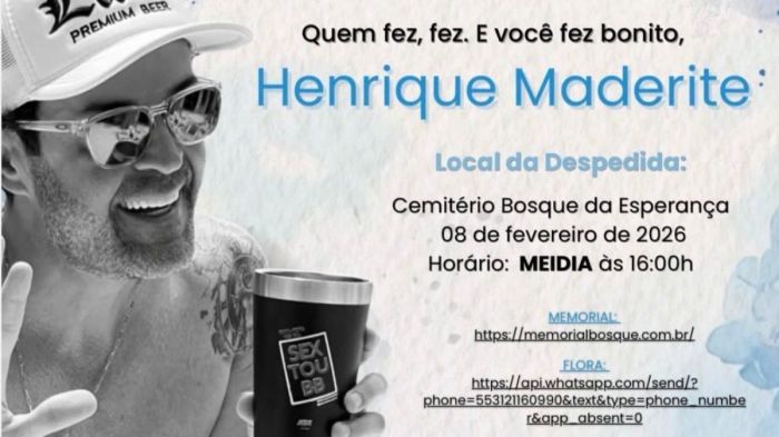 Velório de Henrique Maderite começa ao 'meidia' neste domingo (8) e será aberto ao público em BH