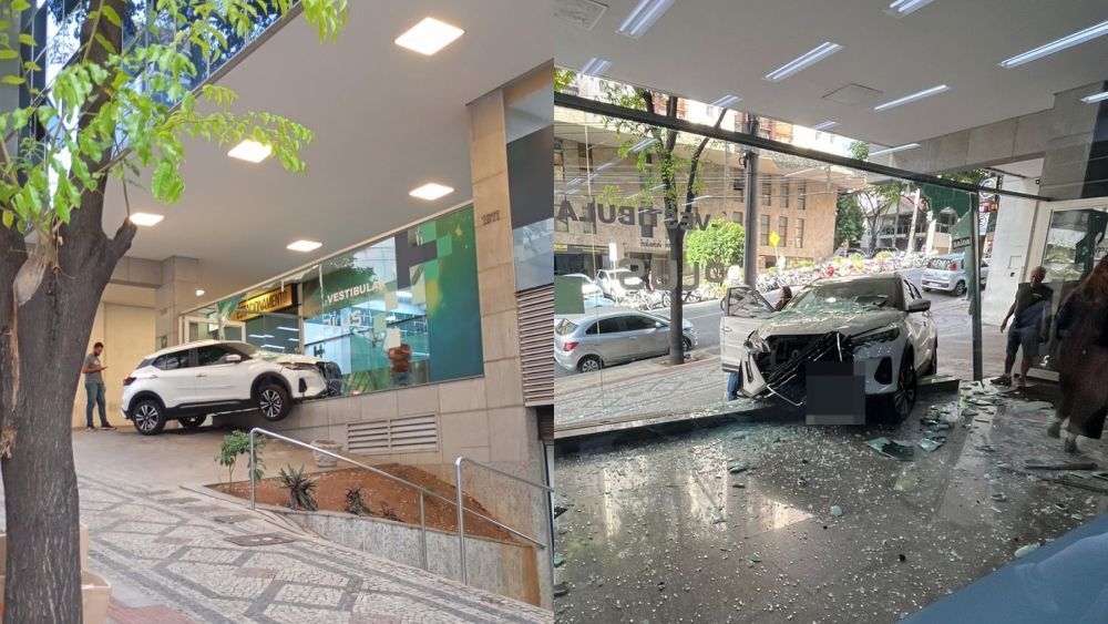Motorista tenta desviar de pedestre e invade cursinho no Lourdes, em BH