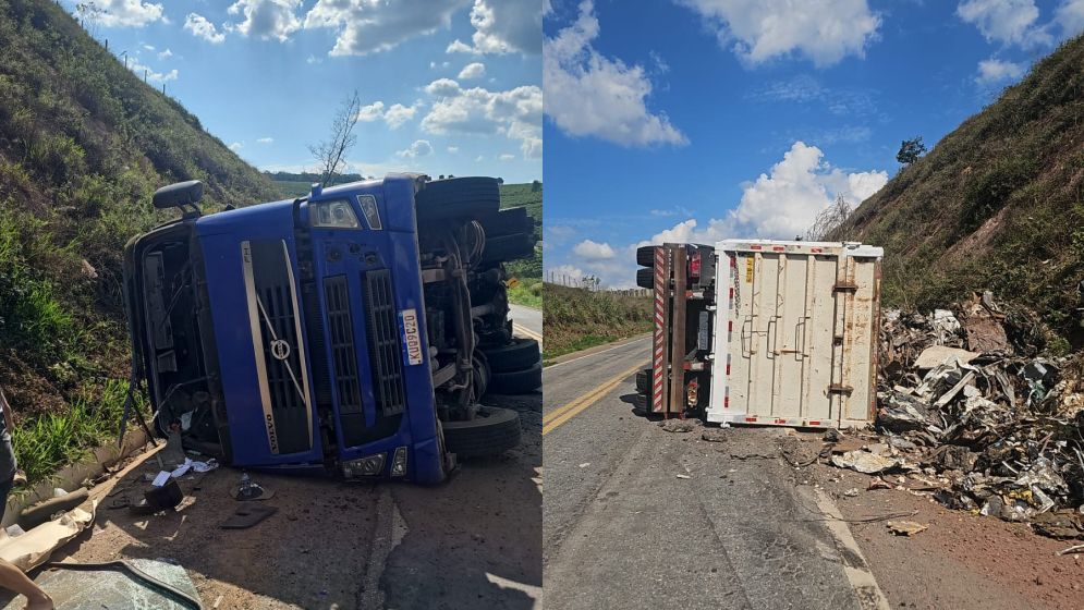 Vídeo: motorista de carreta perde o controle e tomba na BR-262, em Martins Soares