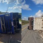 Vídeo: motorista de carreta perde o controle e tomba na BR-262, em Martins Soares