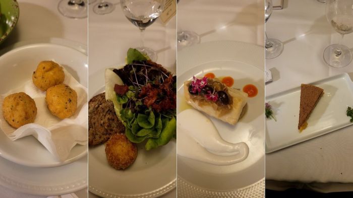 Bolinho de bacalhau (primeiro), salada de queijo de cabra (segundo), bacalhau do Chef Alexandre (terceiro) e Toucinho do céu (quarto)