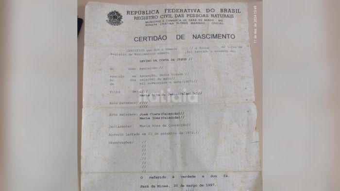 Certidão de nascimento de Levino da Costa de Jesus