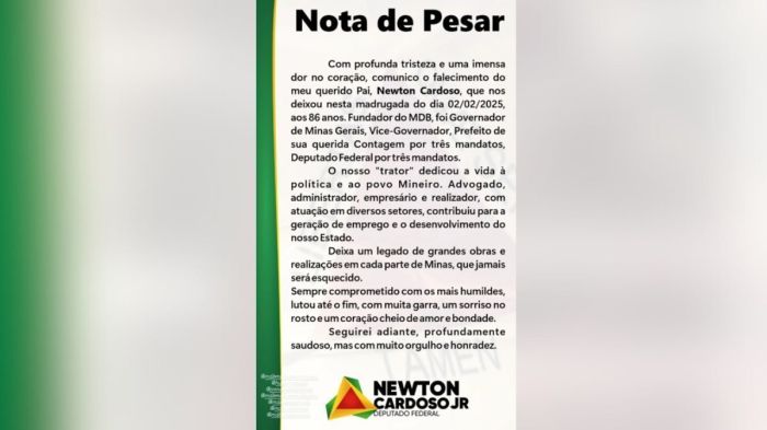Nota de pesar do deputado federal Newton Cardoso Jr nota de pesar