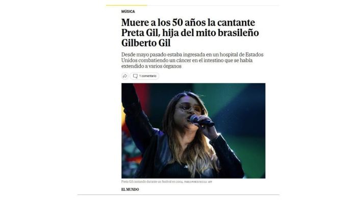 A morte de Preta Gil repercutiu na imprensa internacional