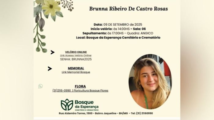 Brunna Rosas será velada no Bosque da Esperança Cemitério e Crematório