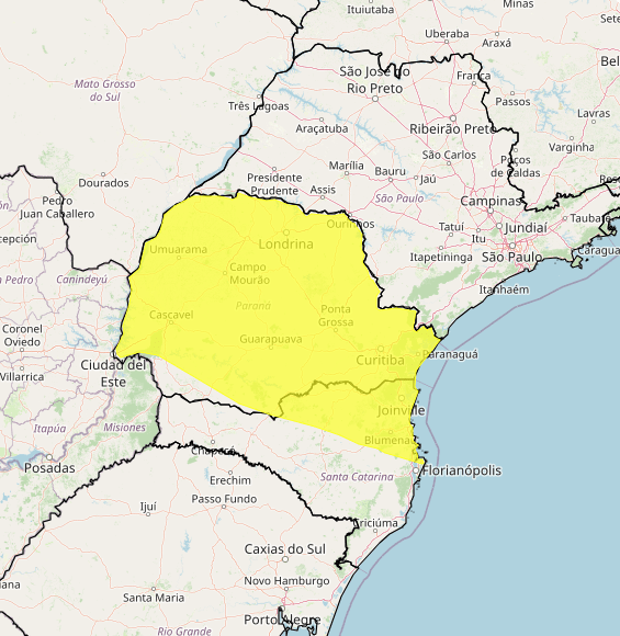 Regiões sob alerta amarelo do Inmet