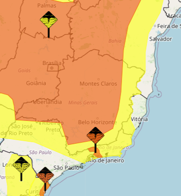 Maior parte do estado está sob alerta laranja (perigo) do Inmet Mapa de Minas Gerais