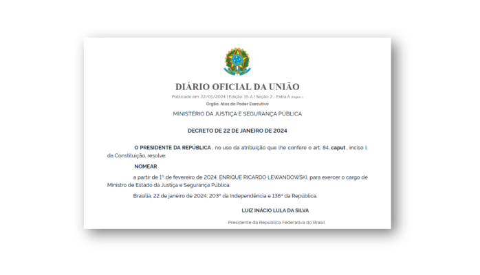 Ato de nomeação de Ricardo Lewandowski no Ministério da Justiça Ato de nomeação de Ricardo Lewandowski no Ministério da Justiça