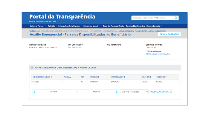 Recebimento de auxílio emergencial por Deibson está no registrado no Portal da Transparência