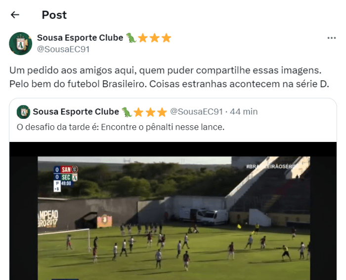 Sousa questiona marcação de pênalti na Série D do Campeonato Brasileiro Sousa questiona marcação de pênalti na Série D do Campeonato Brasileiro