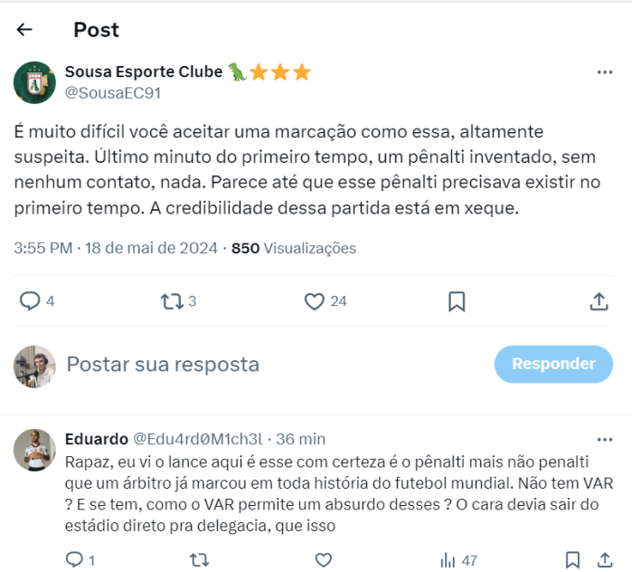 Sousa se revolta com pênalti marcado na Série D Sousa se revolta com pênalti marcado na Série D