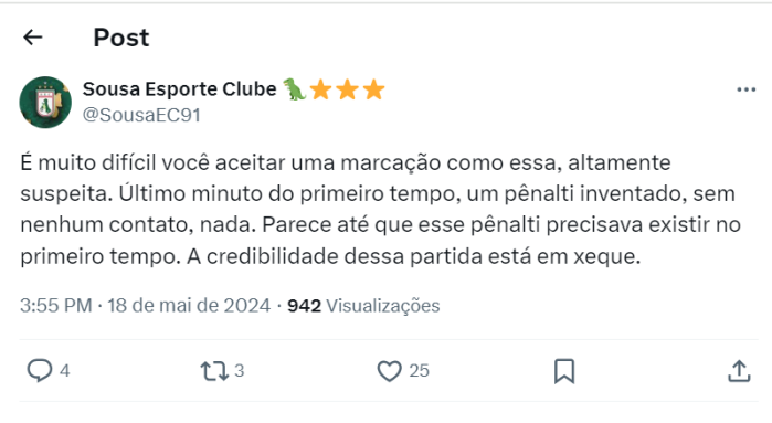 Sousa reclama de pênalti marcado contra o clube na Série D Sousa reclama de pênalti marcado contra o clube na Série D
