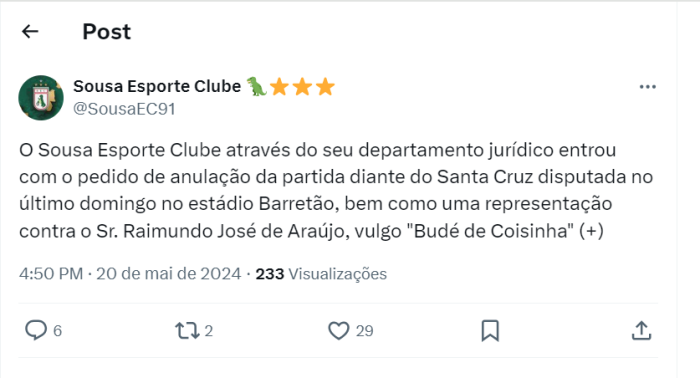 Sousa-PB pede anulação de partida da Série D