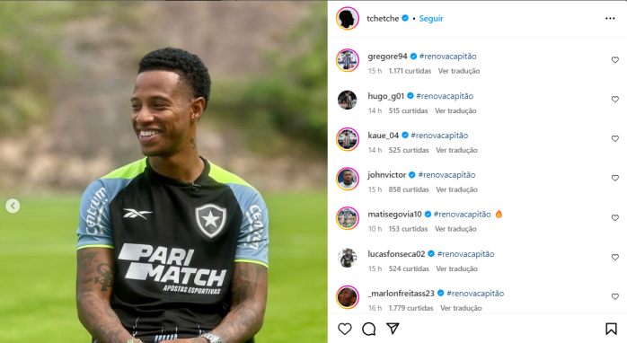 Jogadores do Botafogo comentam e pedem renovação de Tchê Tchê