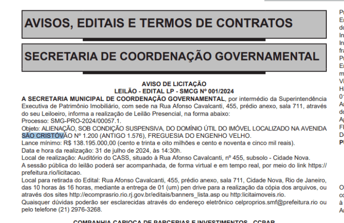 Informações sobre o leilão do terreno do Gasômetro no Diário Oficial do Rio de Janeiro Informações sobre o leilão do terreno do Gasômetro no Diário Oficial do Rio de Janeiro