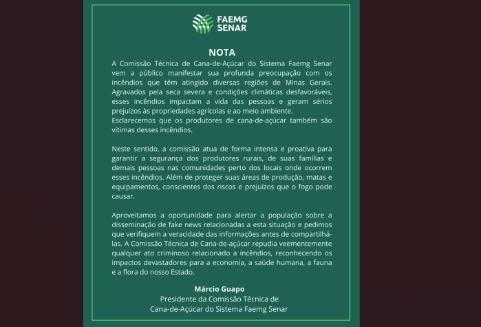 Nota da Comissão de Cana da Faemg