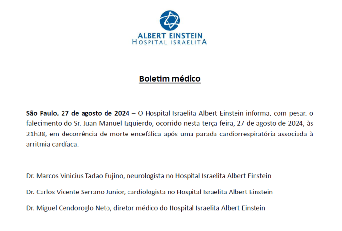 Nota do Hospital Albert Einstein, em São Paulo, com anúncio da morte de Izquierdo Nota do Hospital Albert Einstein, em São Paulo, com anúncio da morte de Izquierdo